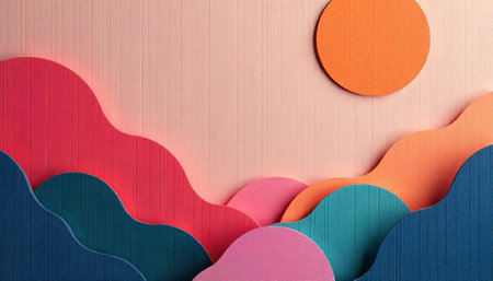 Abstract paper landscape with sun, mountains, and sky design