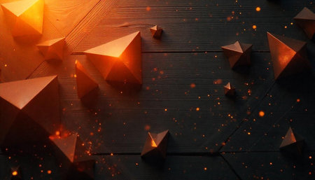 Abstract geometric shapes with glowing particles on wooden surfaceの写真素材