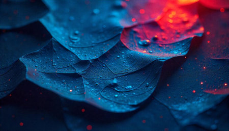 Abstract blue and red floral pattern with water droplets