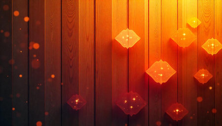 Warm glowing lanterns against wood paneling festive background
