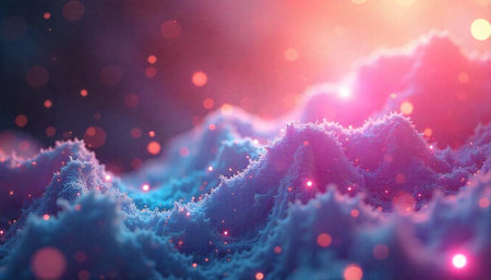 3d rendering of abstract background with glowing particles in blue and pink colorsの写真素材
