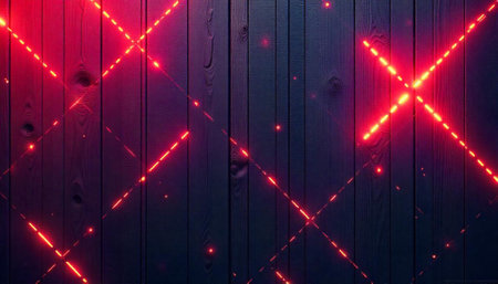 Red neon lights on a dark wooden background. 3d rendering.