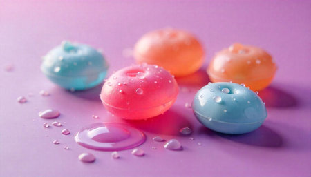 Pastel colored mini donuts with water droplets on purple surface