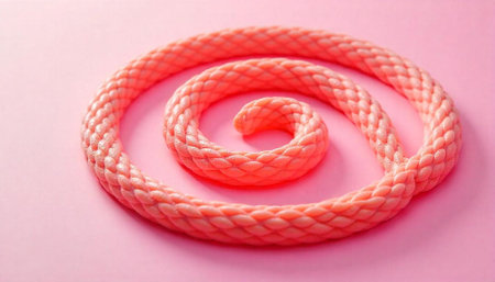 Pink braided cord forming a spiral on pink backgroundの写真素材