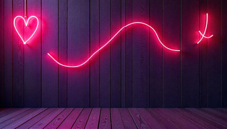 Neon love heart and line art on wooden background
