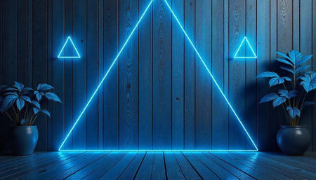 Blue neon triangle against wooden background with potted plantsの写真素材