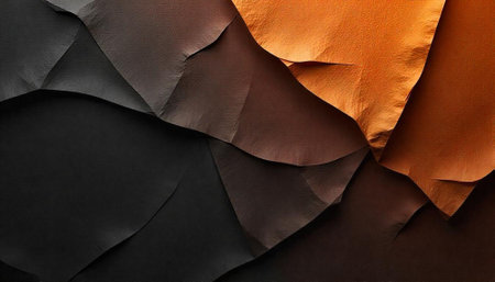 Abstract folded paper background with black, brown, orange tones