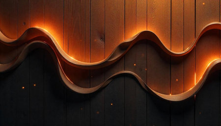 Abstract wooden wave over dark wooden background with warm glow