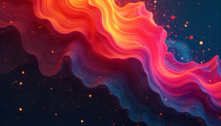 Abstract colorful waves with sparkling particles on dark background