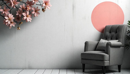 Minimalist interior with chair, flowers and pink circle artの写真素材