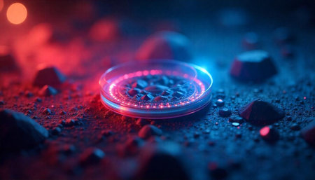 Illuminated petri dish on rocky surface in futuristic setting