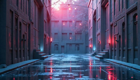 Urban street after rain with lights glowing