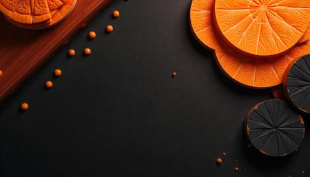 Abstract orange and black fruit slices still life image