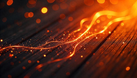Abstract energy trails glowing on wooden textured surfaceの写真素材
