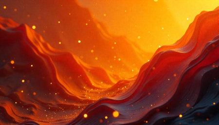 Abstract molten landscape with light particles flowing through waves
