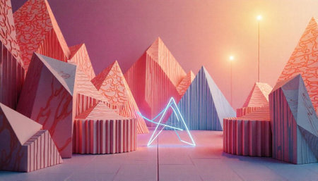 Abstract geometric landscape with neon triangle and pastel colors