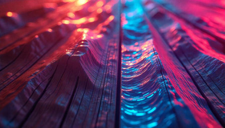 Abstract wooden texture with vibrant neon light highlights