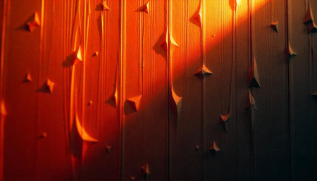 Abstract wooden surface with geometric carvings and warm lighting