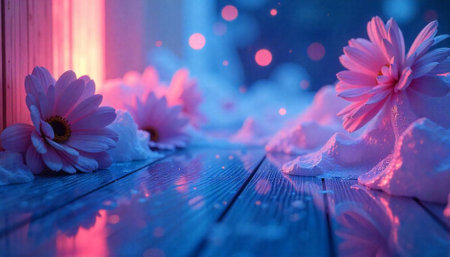 Pink daisies on blue wooden surface with bokeh lights backdropの写真素材