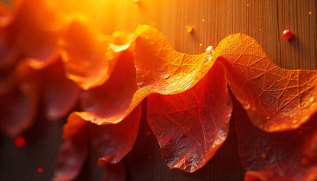 Abstract orange leaves with dew drops on a wooden surfaceの写真素材
