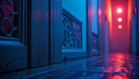 Moody hallway interior illuminated by neon light, dark ambianceの写真素材