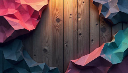 Abstract geometric shapes on wooden backdrop with warm lighting