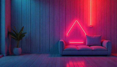 Modern living room with neon lights and wood panelingの写真素材