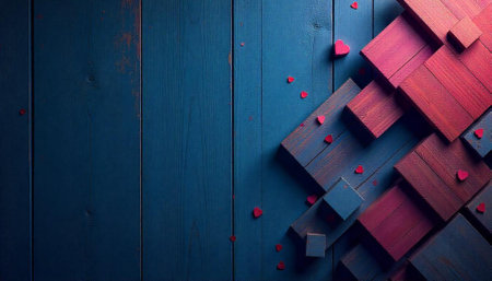 Wooden blocks with hearts on rustic blue wood backgroundの写真素材