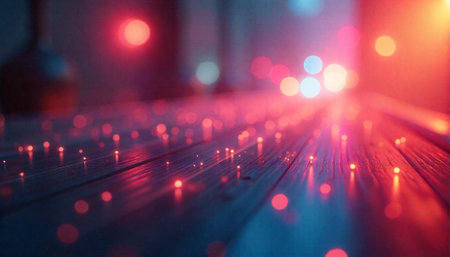 Abstract bokeh lights on wood creating dreamy festive atmosphere
