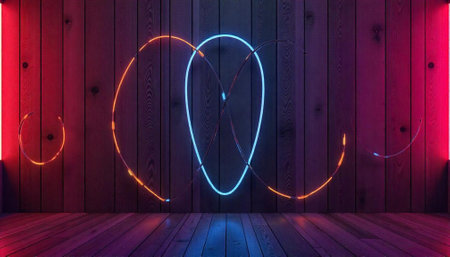 Abstract neon circles against rustic wooden background in studio