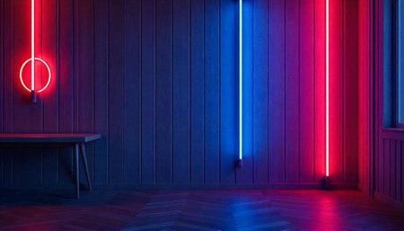Neon Lights Illuminate a Modern Interior with Wood Panelingの写真素材