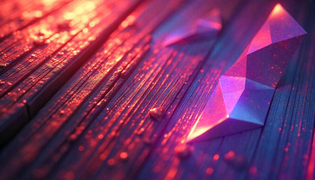Abstract geometric shapes glowing on textured wooden surfaceの写真素材