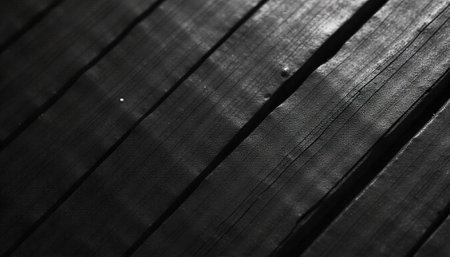 Monochrome image of dark wooden planks aligned diagonally.