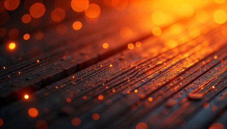 Warm bokeh lights shining on dark textured wooden planks