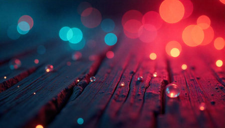 Abstract wooden surface illuminated with red and blue bokehの写真素材