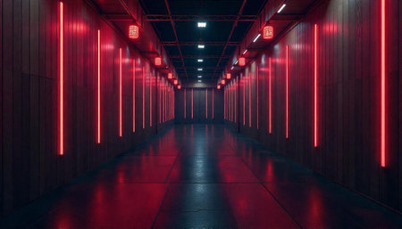 Hallway lit by red neon lights perspective view background