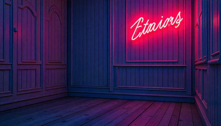 Vintage room with neon sign creating moody atmosphere