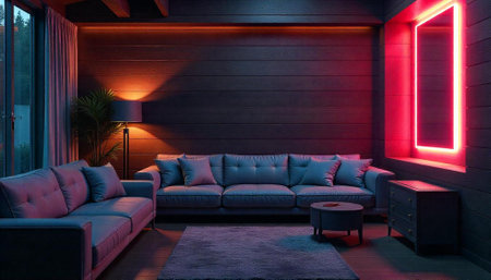 Modern living room illuminated by neon and warm lamp light