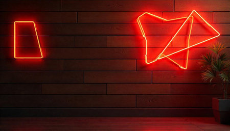 Modern interior with geometric neon lights and plant