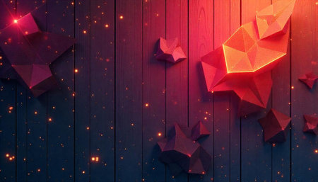 Geometric stars on wood with particle effects and color gradients
