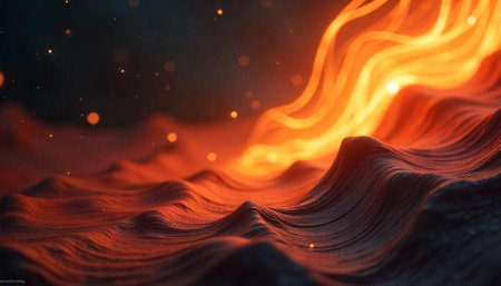 Fiery Abstract Landscape with Glowing Waves and Particles