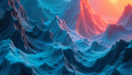 Abstract mountain landscape with blue and orange color paletteの写真素材