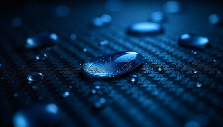 Water droplets on textured surface reflecting blue light source