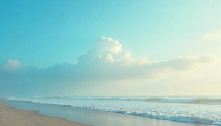 Soft beach waves meet cloudy pastel sky, dreamy seascapeの写真素材