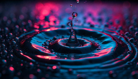 Dramatic water drop collision with vibrant abstract color backdrop