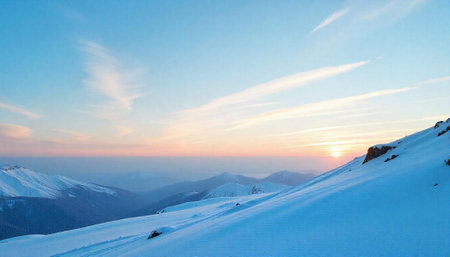 Winter mountain landscape with snow and sun at sunriseの写真素材