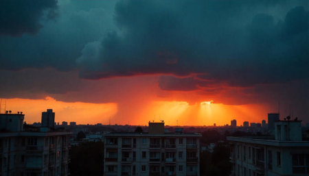 Dramatic sunset over city buildings with storm clouds above
