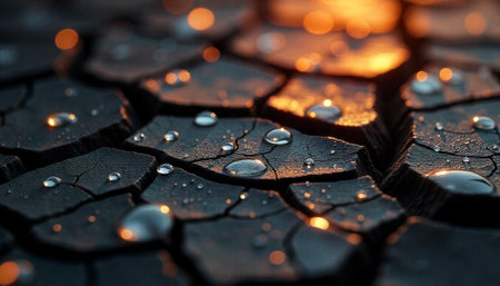 Cracked earth with water droplets and a warm glowの写真素材