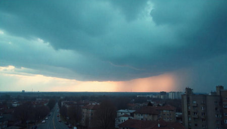 Impending storm cloud over cityscape with rain shower