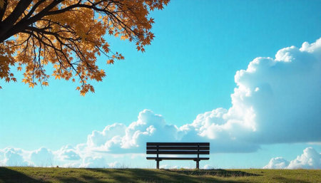 Park bench under autumn tree with clear blue skyの写真素材